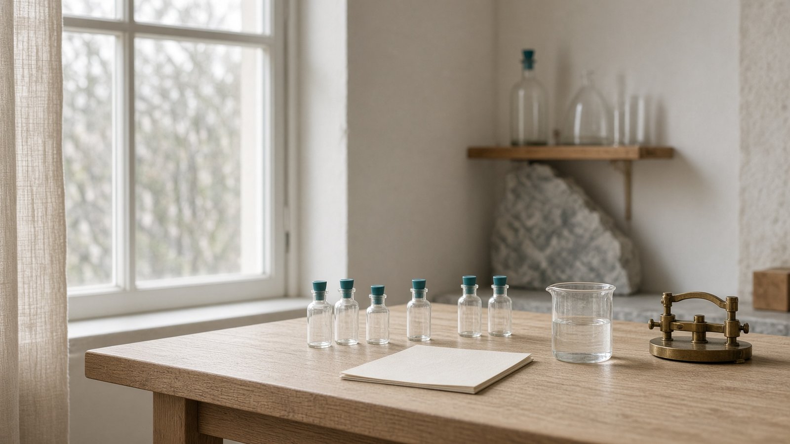 Nordisk laboratoriebänk i dagsljus